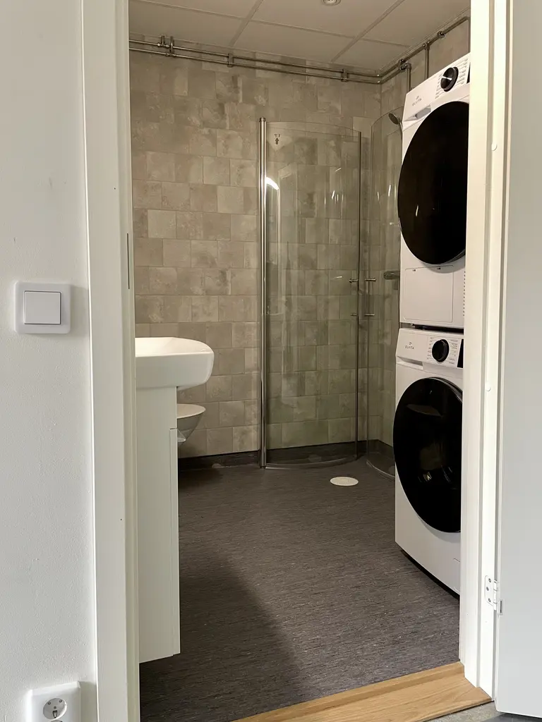Badrum med dusch och tvättmaskin